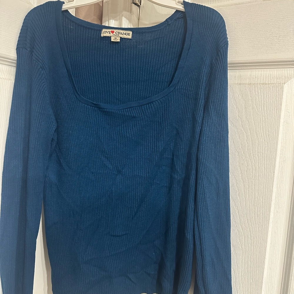 Blue Long Sleeve Ribbed Top